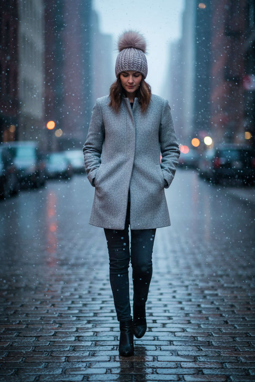 Ribbed crochet beanie with pom worn in a snowy city street, styled with a tailored coat for cold weather winter wear