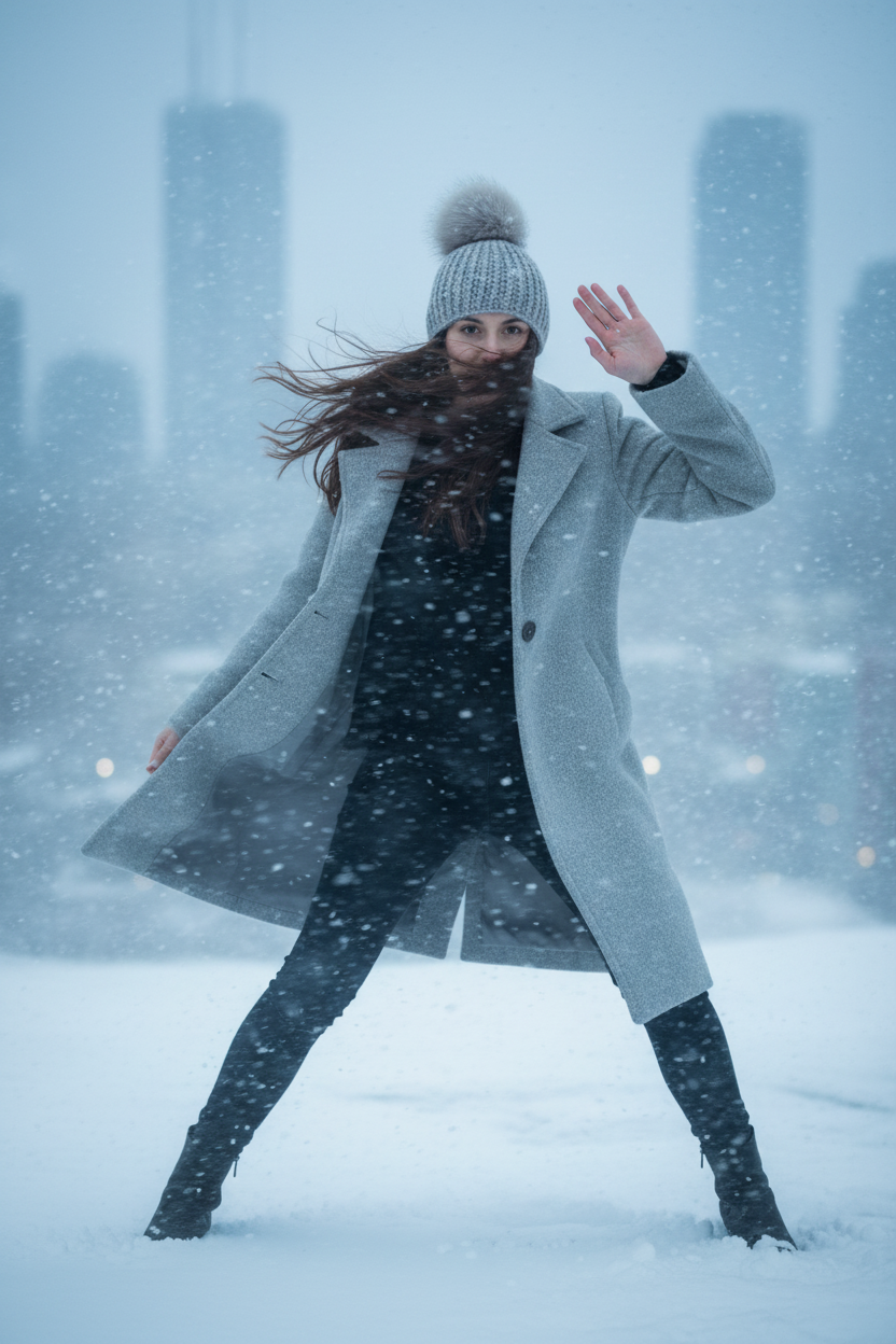 Woman in a gray coat and hat standing in a snowy cityscape