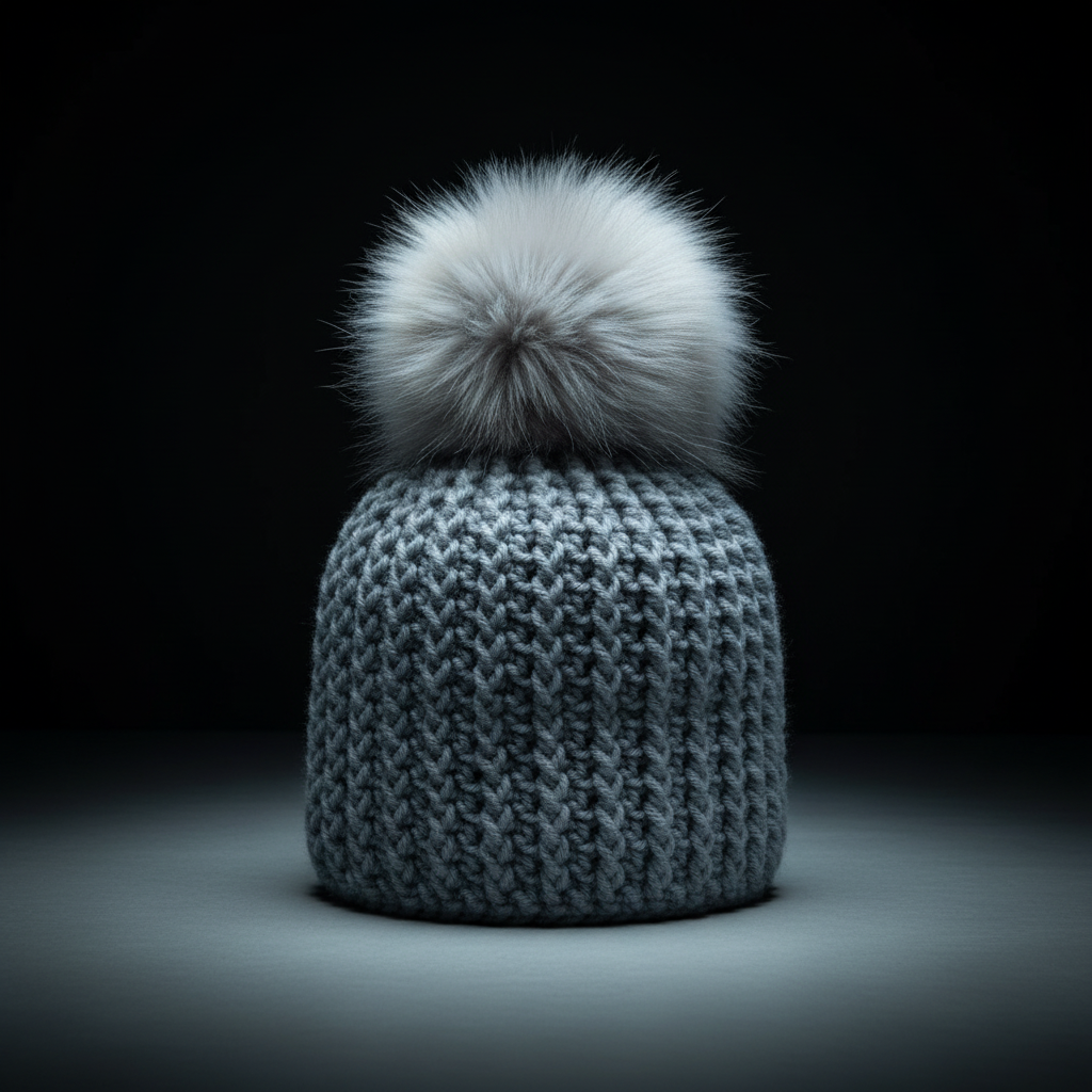Gray crochet beanie with a fluffy pom-pom on a black background