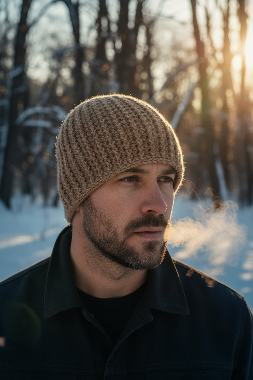 Driftwood On-Head Neutral ribbed crochet beanie in driftwood tones worn in cold winter setting with visible breath, styled for cold weather wear