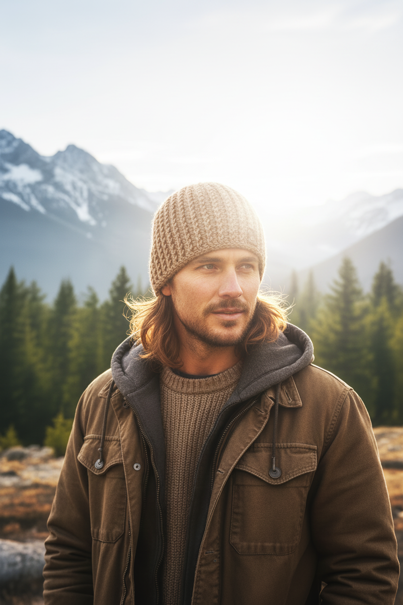 Driftwood crochet skull cap worn outdoors in cold mountain setting
