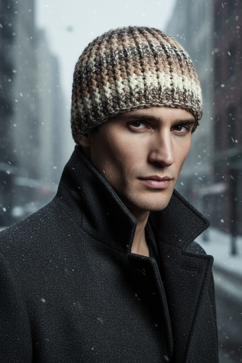 Man wearing a crochet beanie and dark coat in a snowy urban setting