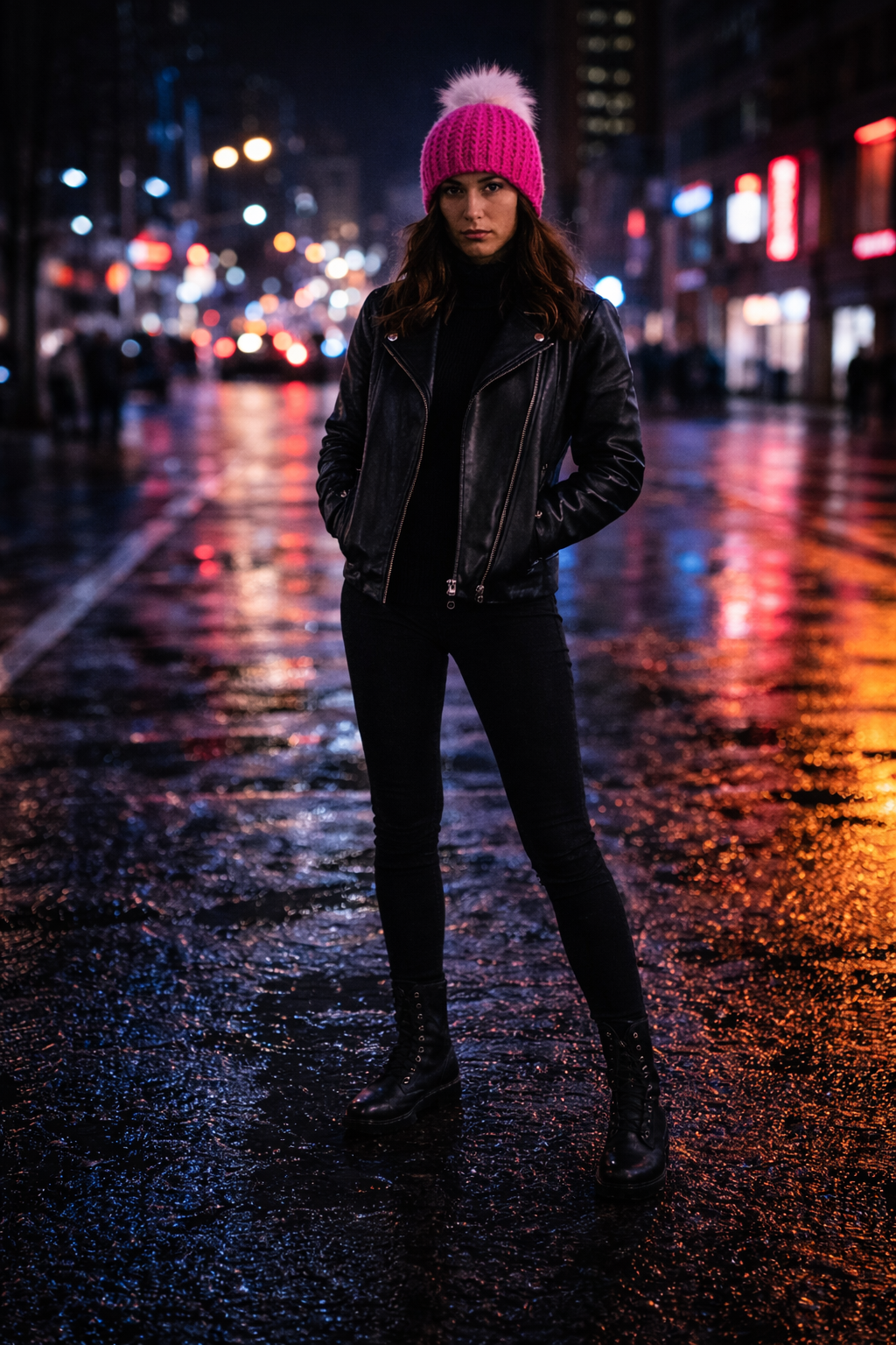 Person wearing a pink beanie and black leather jacket standing on a rain-soaked street at night.