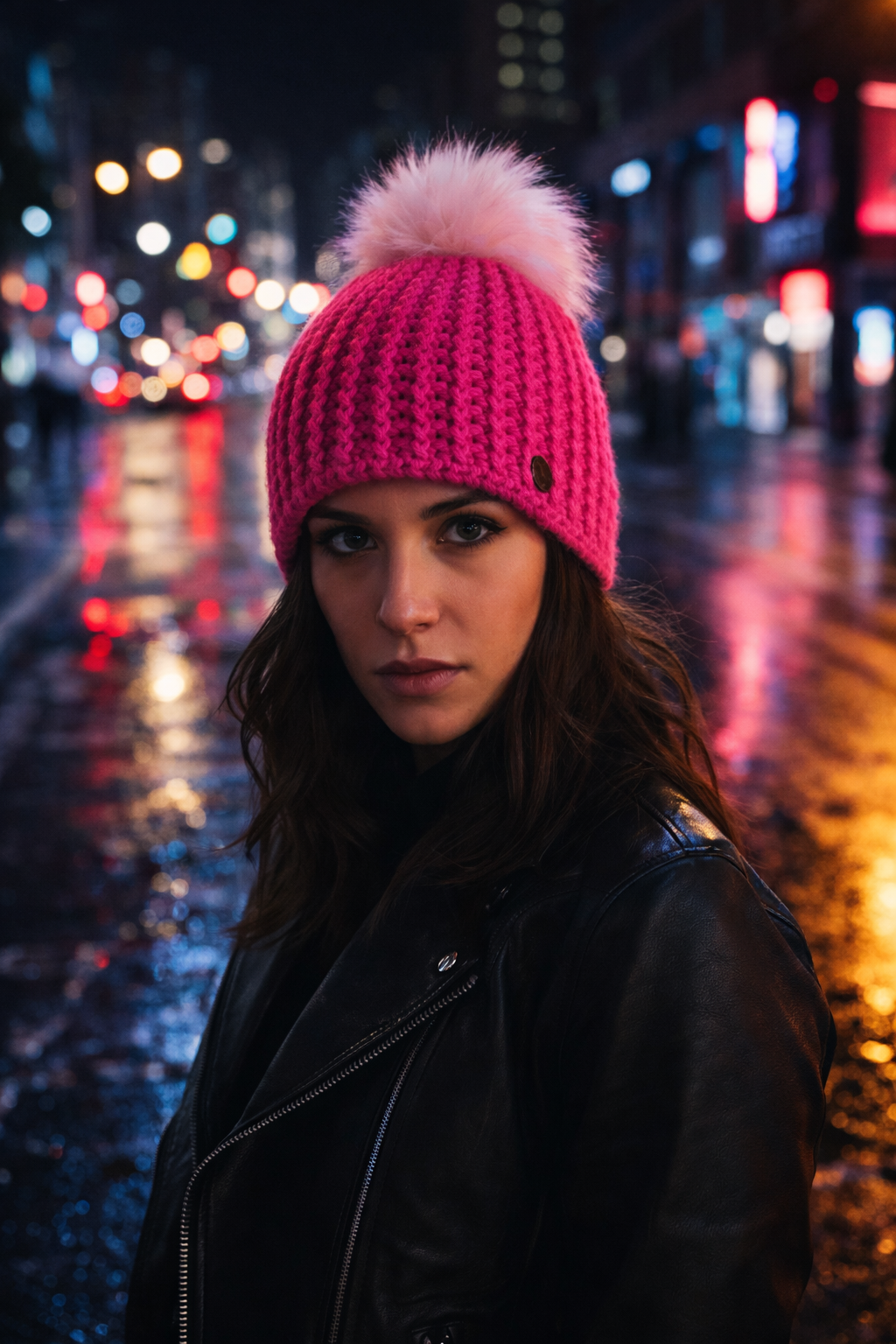 Woman wearing a pink crochet hat with a fluffy pom-pom on a city street at night.