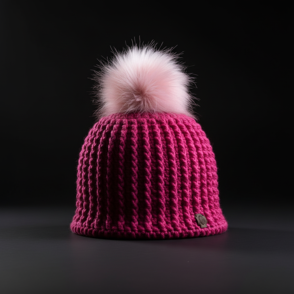 Pink crochet beanie with a white pom-pom on a black background