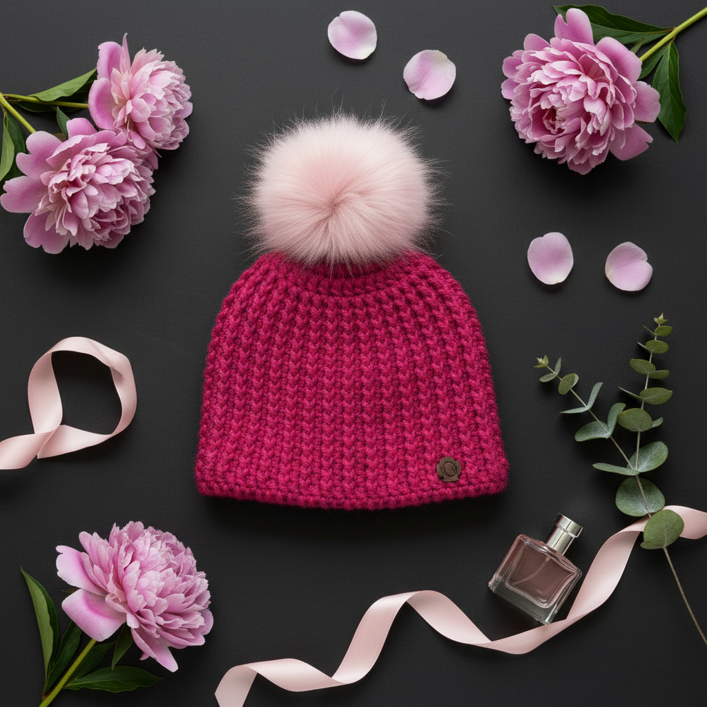 Pink crochet hat with a fluffy pom-pom surrounded by pink flowers and ribbons on a dark background