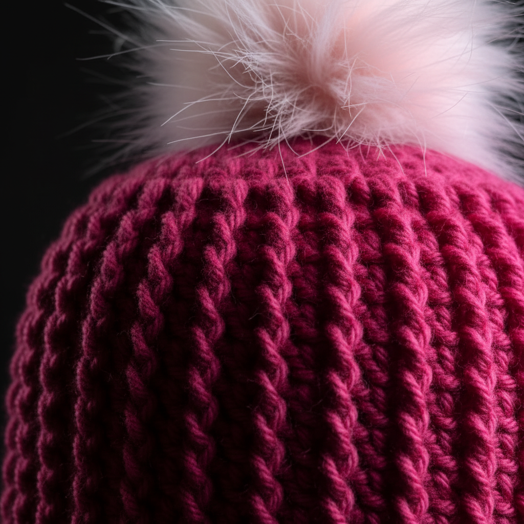Close-up of a red crochet beanie with a white fur pom-pom on a black background
