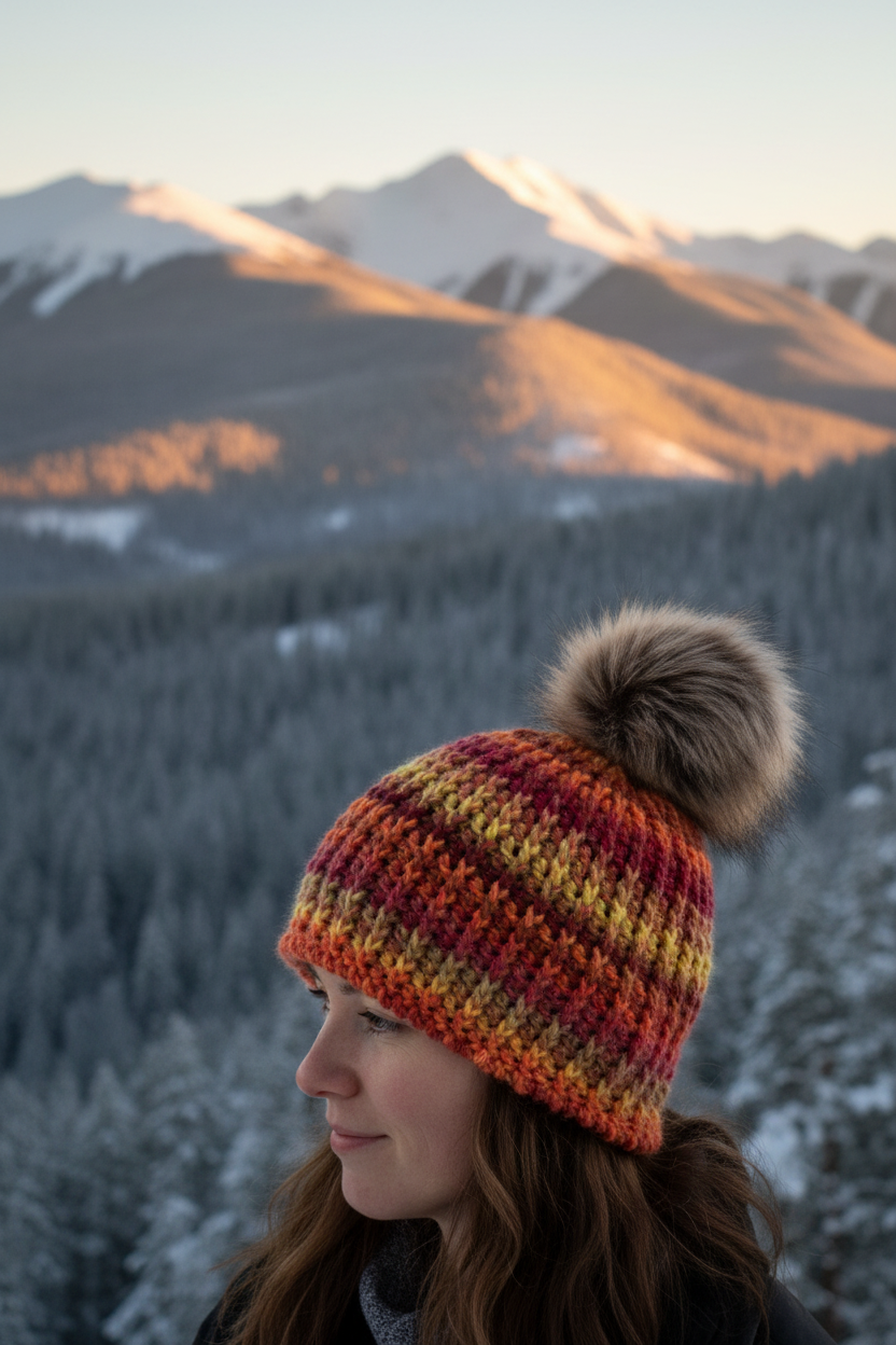 Ember Harvest classic rib crochet beanie worn in snow-capped mountain setting
