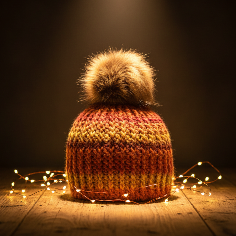 Ember Harvest ribbed crochet beanie styled with ambient winter lighting