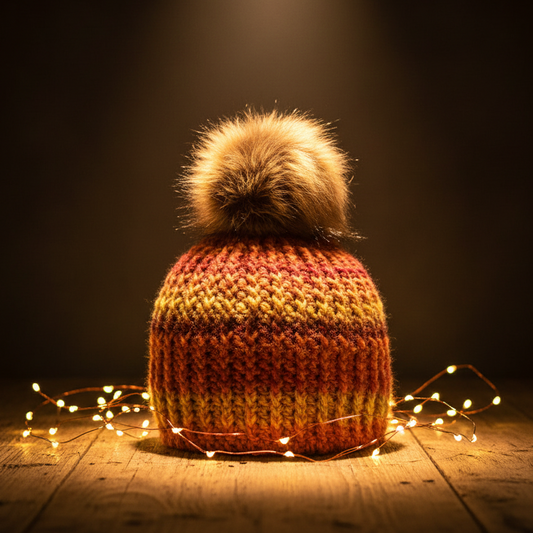 Ember Harvest ribbed crochet beanie styled with ambient winter lighting