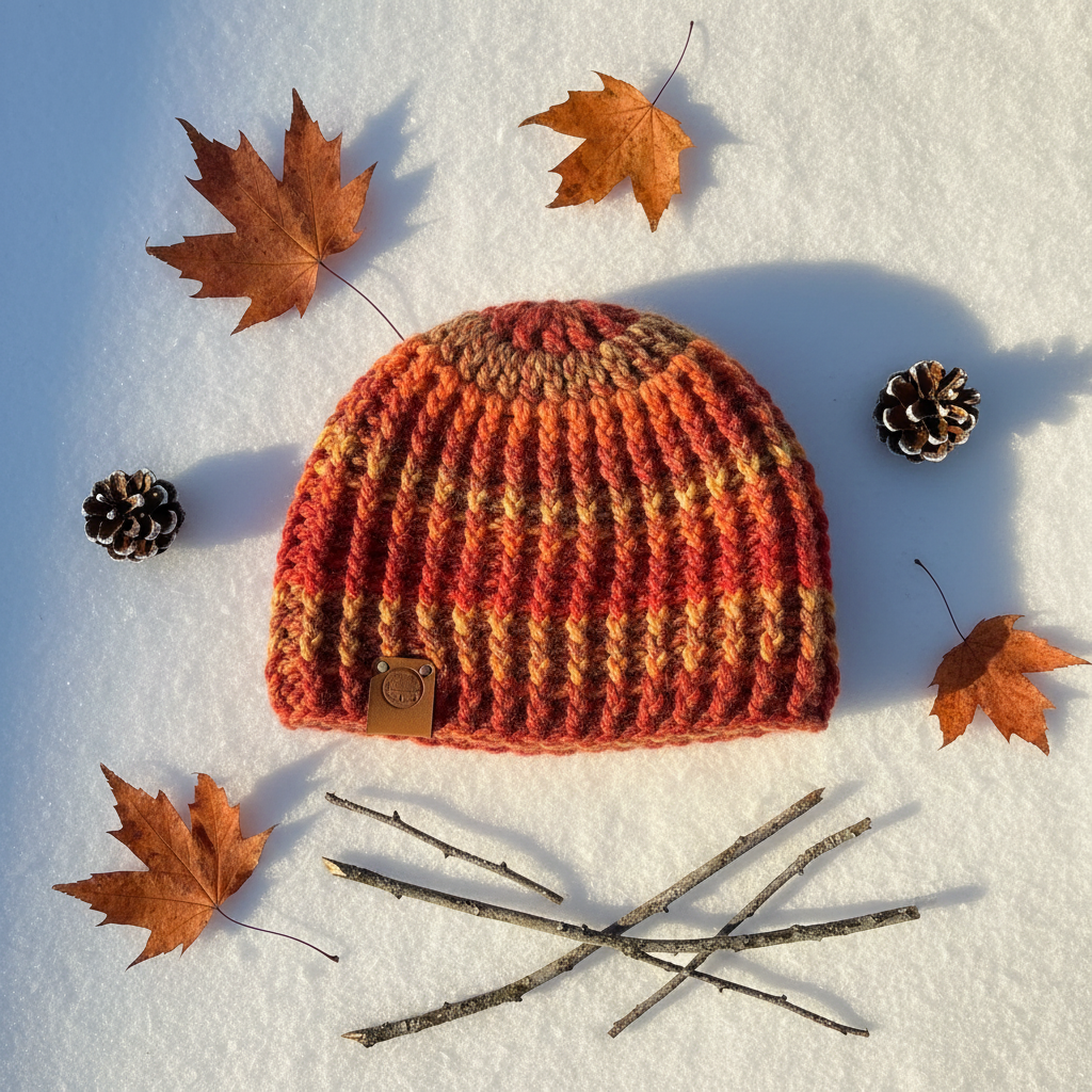 crochet beanie with autumn colors on a snowy background with leaves and sticks.