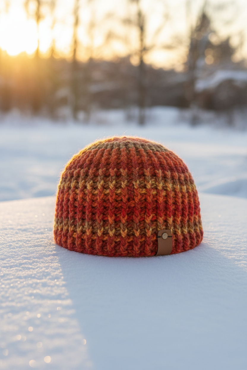 crochet beanie with orange and brown stripes on a snowy surface with a blurred natural background