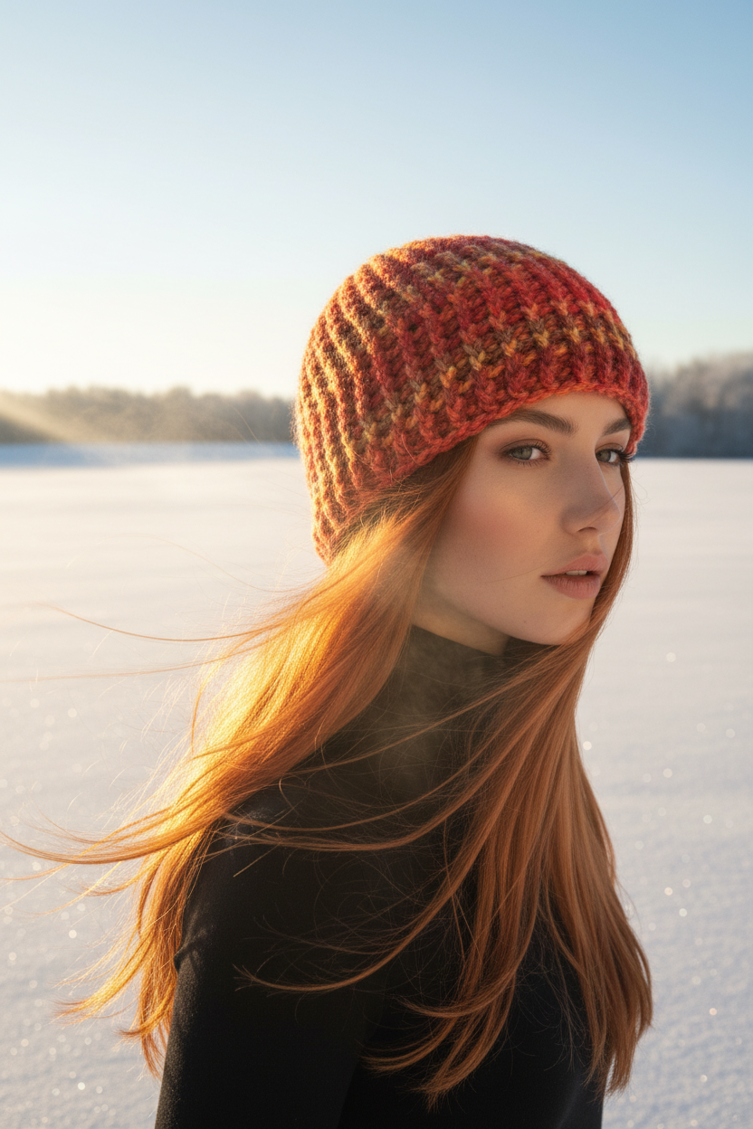 Woman wearing a ember red crochet hat in a snowy landscape