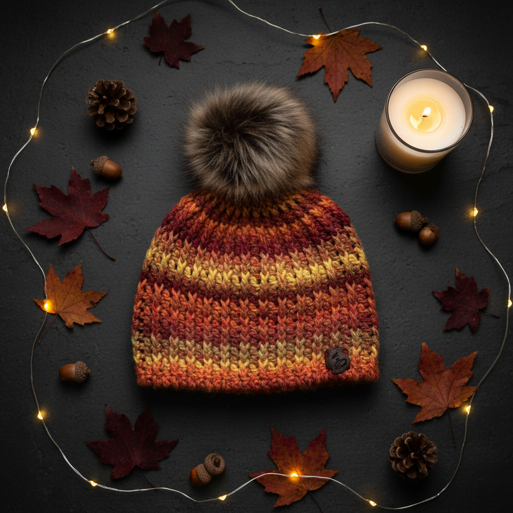 Ember Harvest crochet beanie in rich autumn orange and golden yarn with faux fur pom styled in fall flat lay designed for cold weather warmth and winter layering
