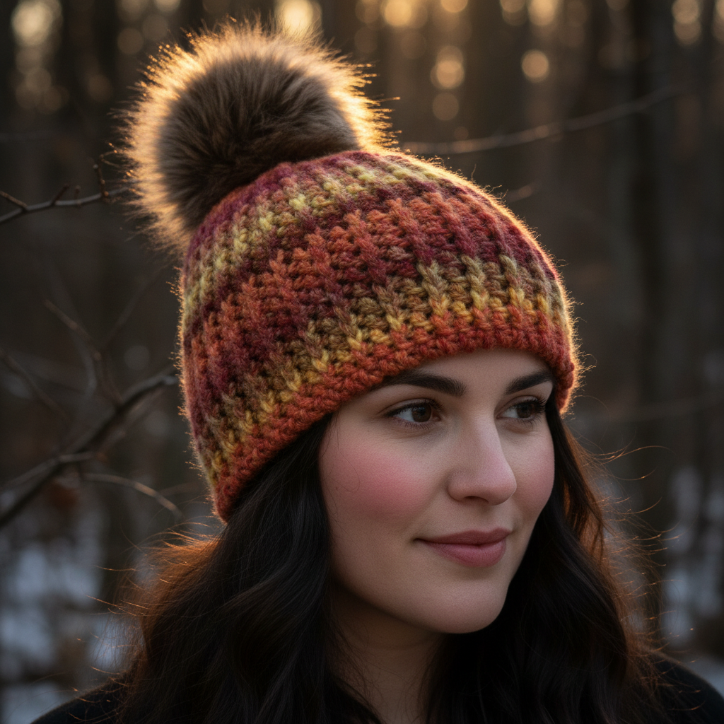 Ember Harvest crochet beanie in sunset orange, rust, and golden yarn with faux fur pom worn on head in cool autumn forest designed for cold climate winter warmth and seasonal layering