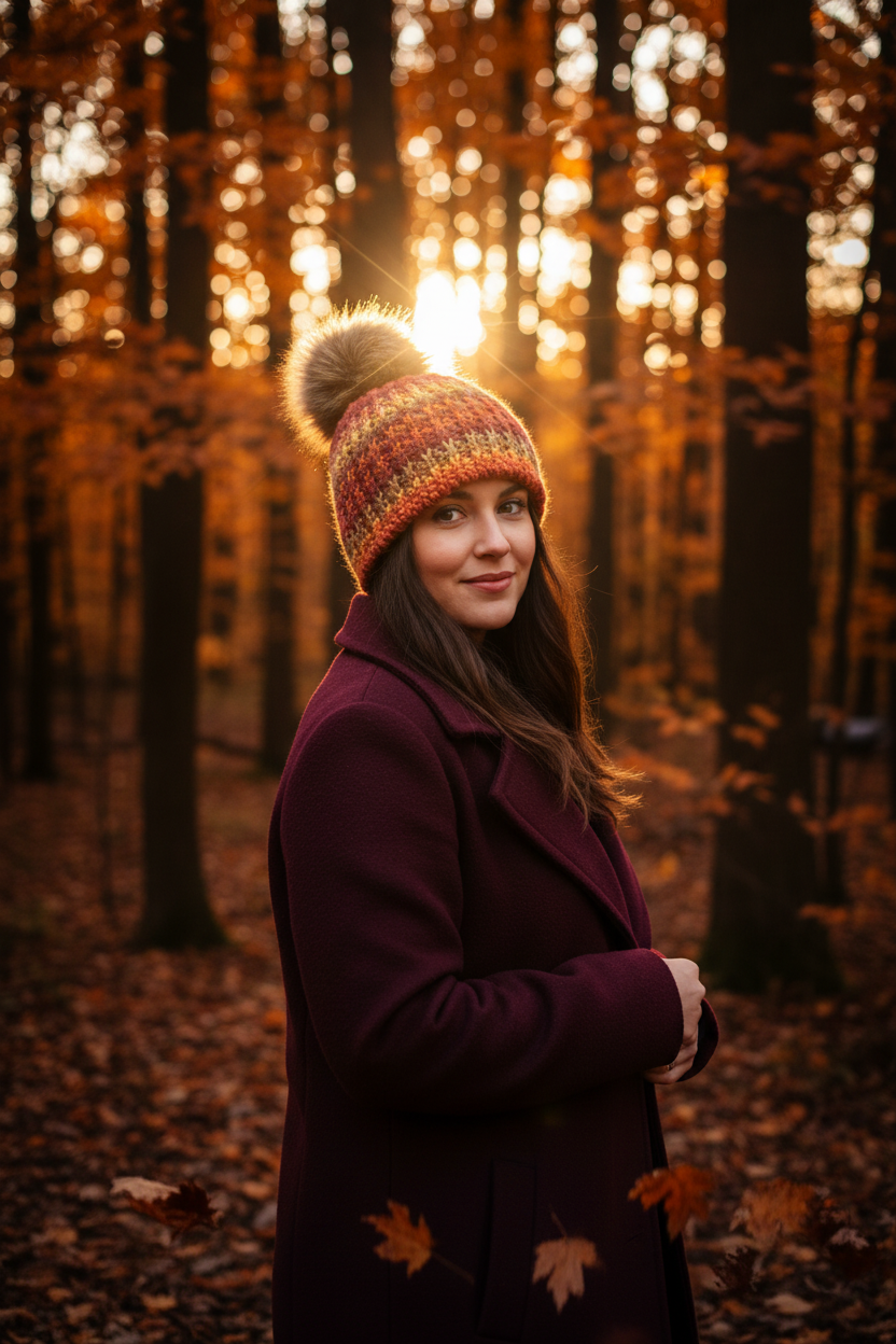 Ember Harvest crochet beanie with faux fur pom in rich autumn tones worn outdoors at sunset in cool weather built for cold climate winter protection