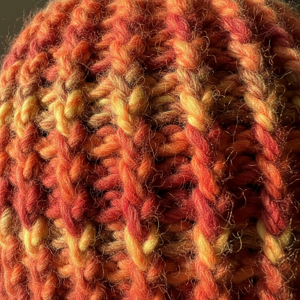 Close-up of a crochet fabric with orange and red colors.
