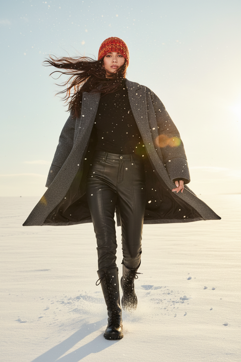 Person walking in a snowy landscape wearing a long coat, black leather pants, and a red beanie.