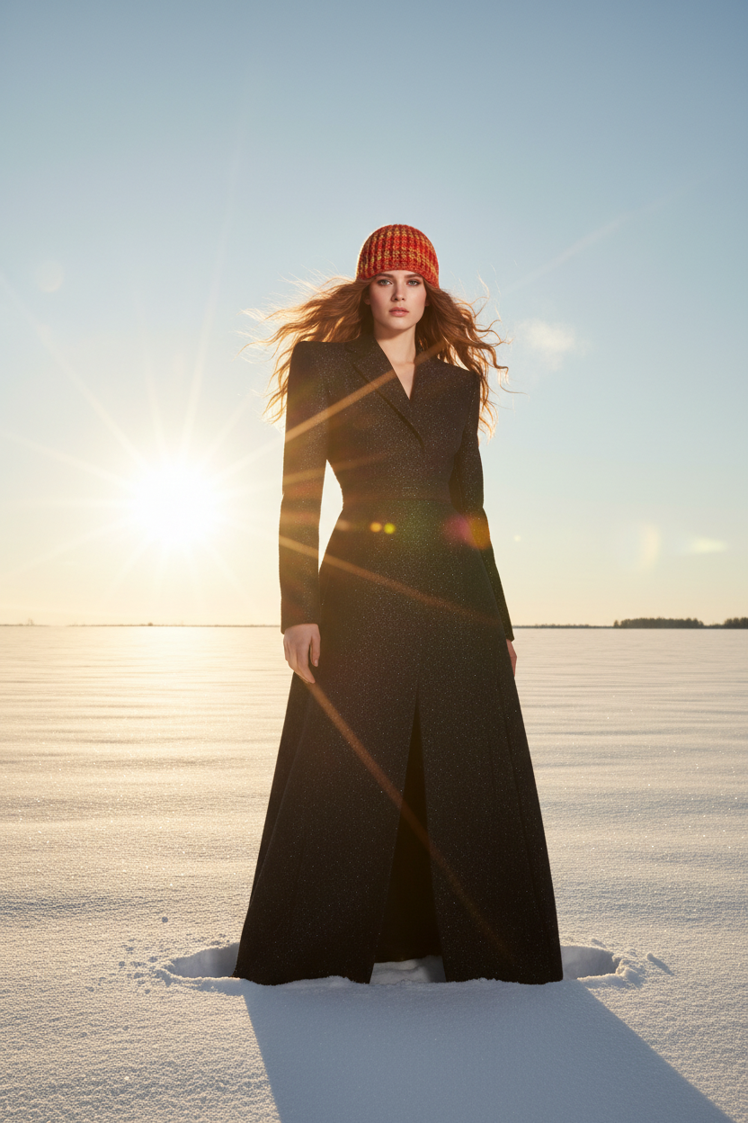 Woman in a long black coat and red beanie standing on a snowy landscape with a bright light source.