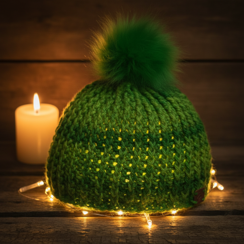 Emerald Pulse classic rib crochet beanie styled with soft winter ambient lighting