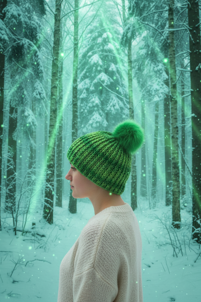 Emerald Pulse classic rib crochet beanie styled with soft winter ambient lighting