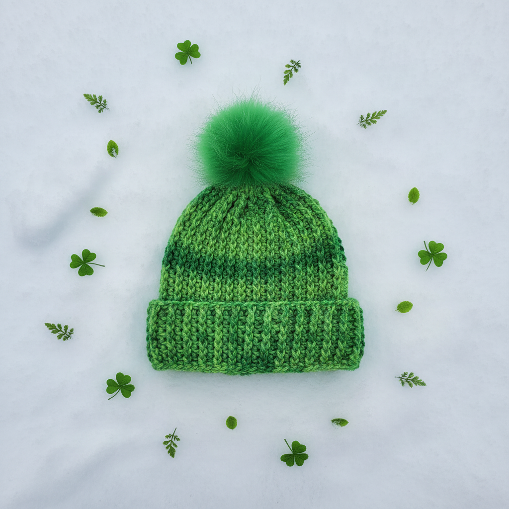 Emerald Pulse classic rib crochet beanie styled flat lay on snow