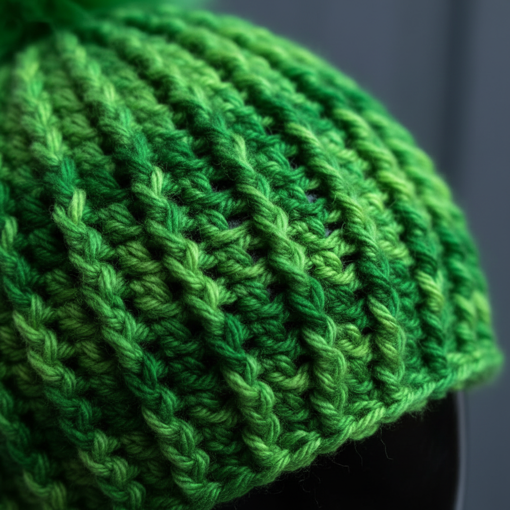 Close up of Emerald Pulse crochet beanie ribbed stitch detail in bright green yarn highlighting thick structured texture built for extreme cold weather insulation