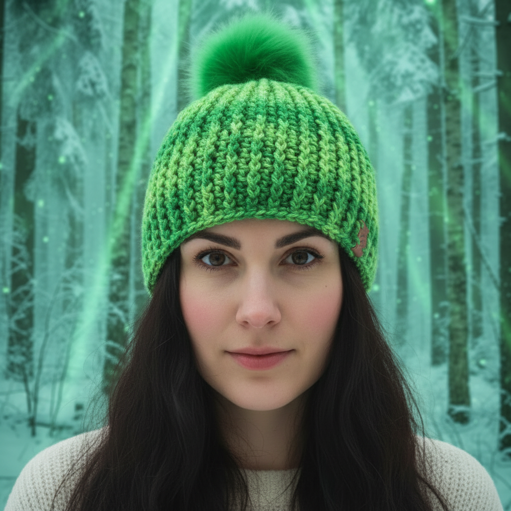 Emerald Pulse crochet beanie in vibrant green yarn with matching faux fur pom worn outdoors in snowy forest for winter warmth