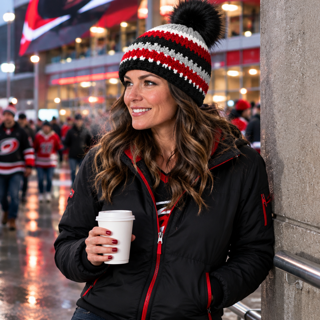 Eye of the Storm hat lifestyle image outside a Carolina hockey arena