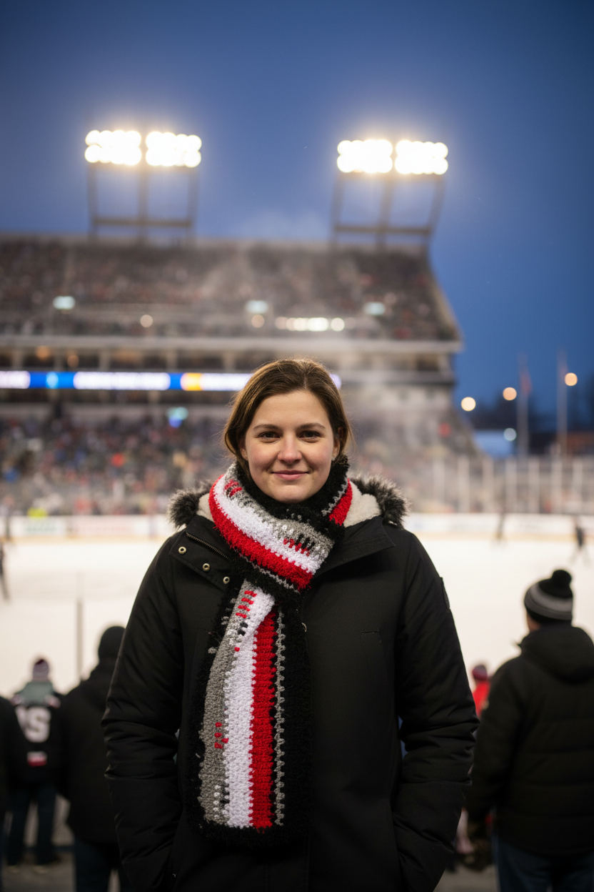 Standing out doors in the Carolina Hurricanes Stadium in Raleigh NC wearing Eye of the Storm scarf coordinate