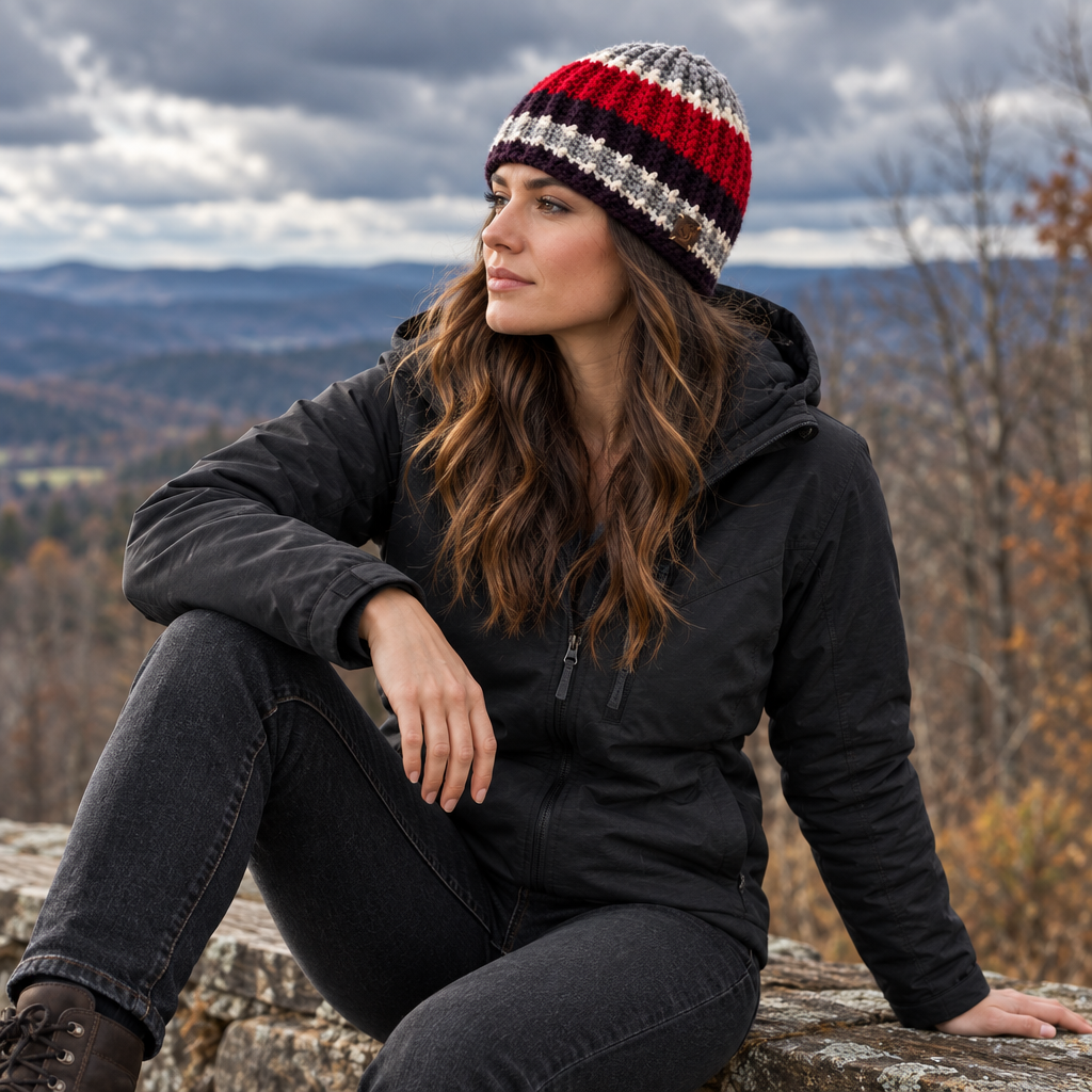 Eye of the Storm™ No. 2 handmade Big Noggin Skull Hugger™ winter beanie with Thermal Crown™ in plum, gray, cream and red, shown worn outdoors.
