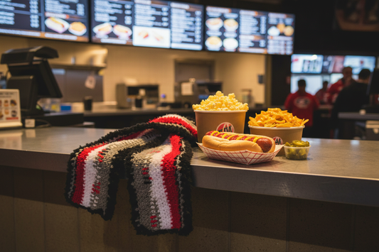 Eye of the Storm ribbed crochet beanie styled with matching scarf in cold indoor Carolina Hurricanes Stadium Raleigh NC concourse-coordinates