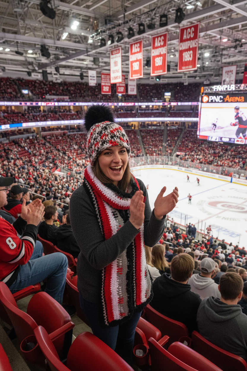 Eye of the Storm ribbed crochet beanie styled with matching scarf in cold Carolina Hurricanes Stadium Raleigh NC worn coordinates
