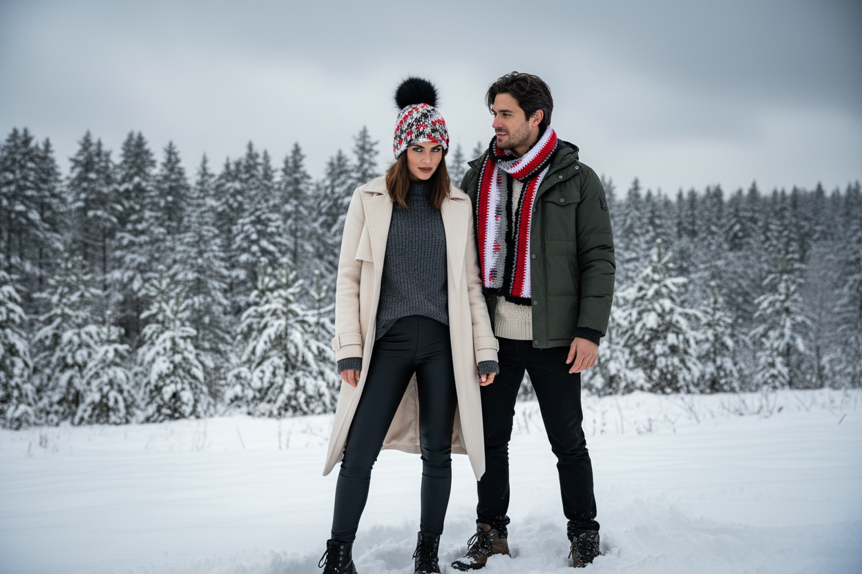 Eye of the Storm ribbed crochet beanie worn by a couple outdoors in cold winter pairing scene