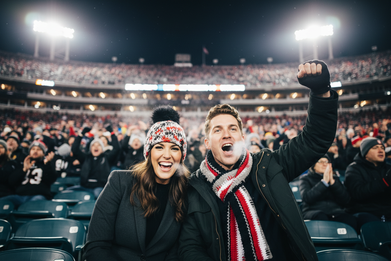 Eye of the Storm ribbed crochet beanie worn at outdoor stadium in cold winter conditions