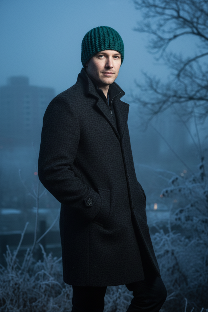 Man wearing a black coat and teal beanie standing in a foggy, urban setting.