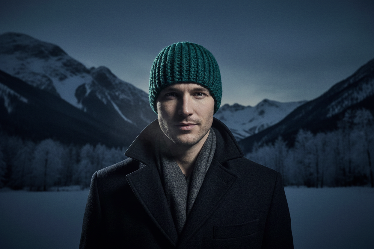 Man wearing a teal crochet hat and dark coat standing in a snowy landscape with mountains.