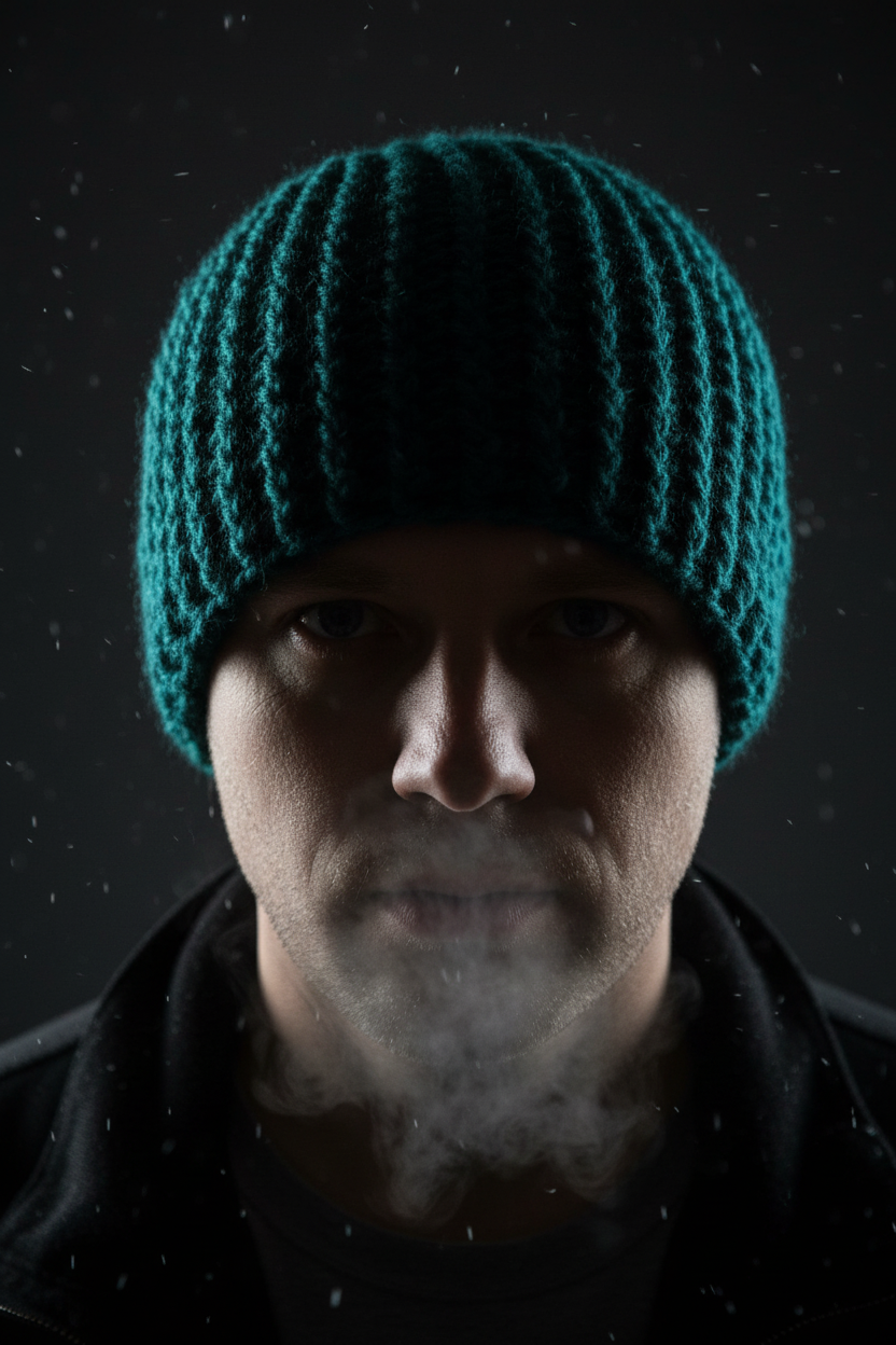 Person wearing a teal crochet beanie against a dark background