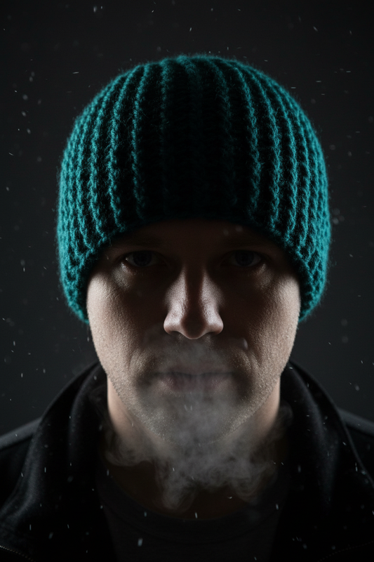 Person wearing a teal crochet beanie against a dark background