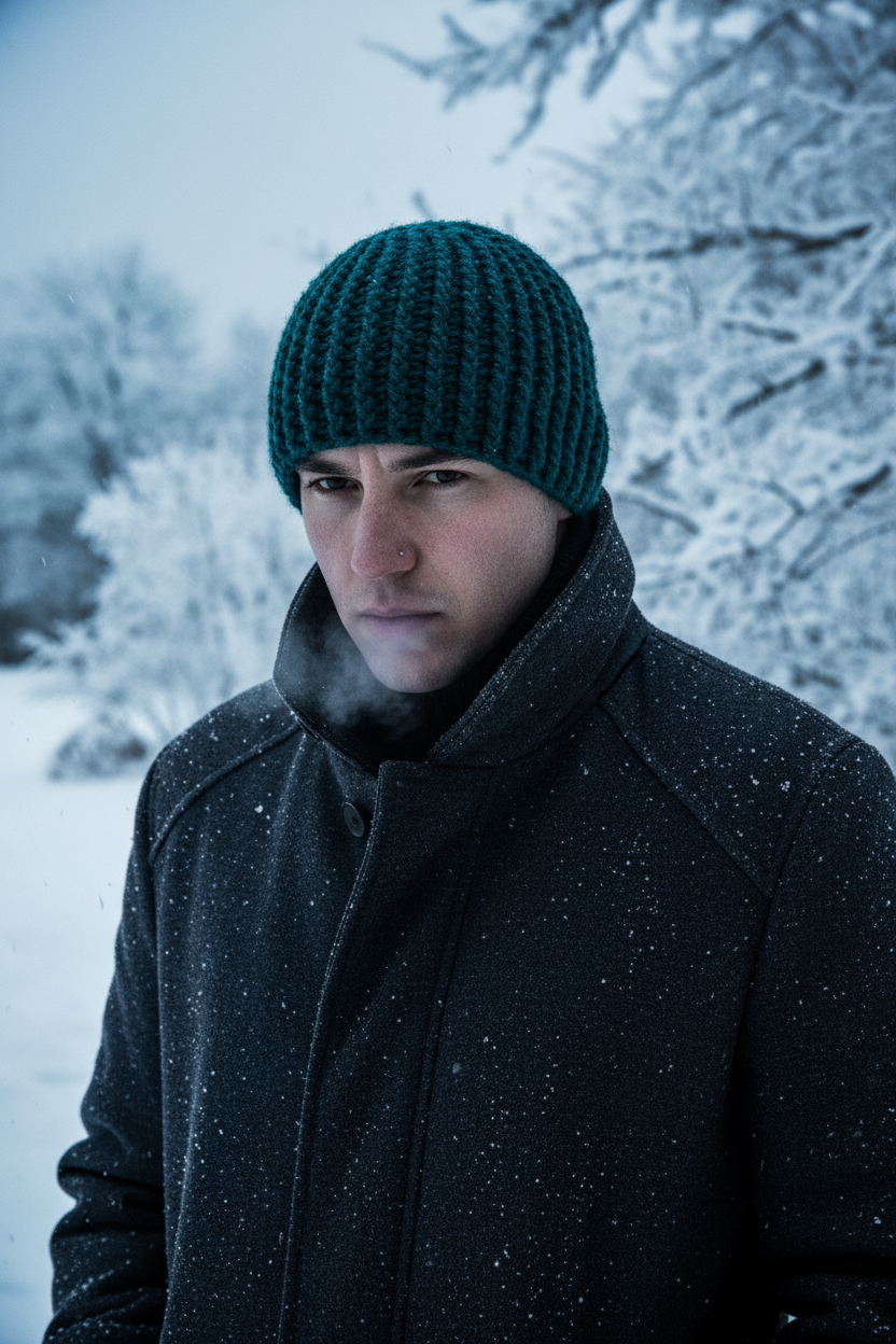 Man wearing a dark coat and teal beanie standing in a snowy landscape