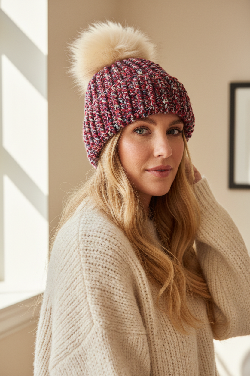 A woman wearing a chunky crochet beanie with a large cream faux-fur pom-pom. The beanie has a marled pattern of burgundy, pink, and cream yarn.