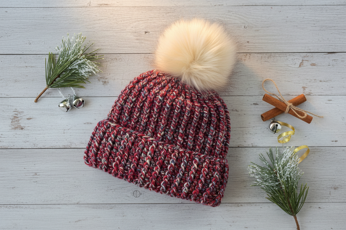 A chunky crochet beanie hat with a large cream faux-fur pom-pom, laid flat on a white wood plank surface with holiday props including pine branches, small silver bells, and cinnamon sticks.