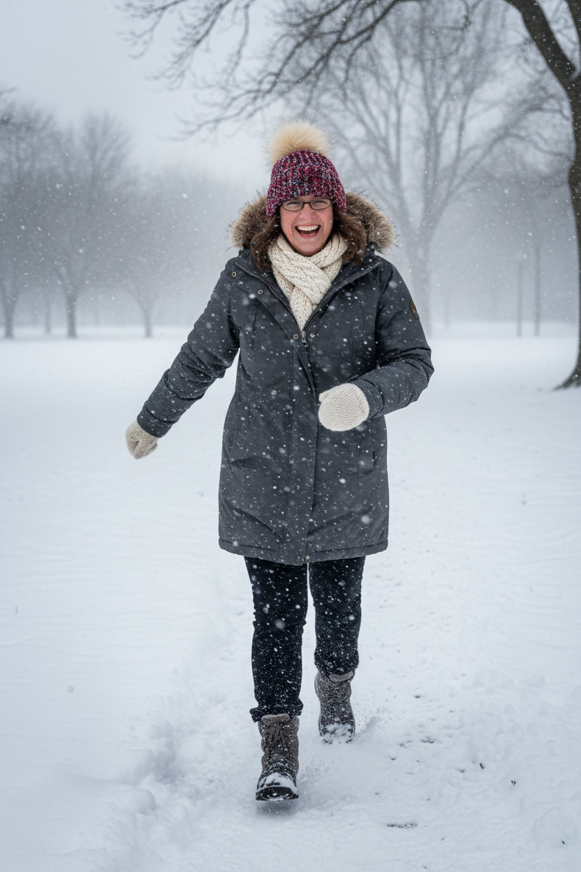 A woman smiling and walking through deep snow in a park, wearing a dark gray winter coat with a fur-trimmed hood, a red crochet pom-pom beanie, a cream crochet scarf, white gloves, and dark winter boots.