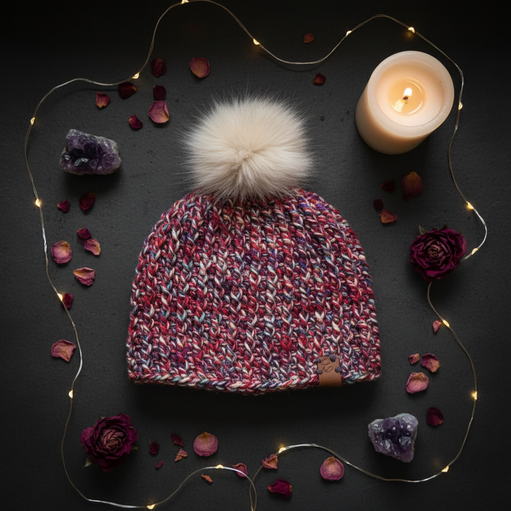 Firecracker Confetti crochet beanie in marled red and white yarn with white faux fur pom styled in overhead flat lay