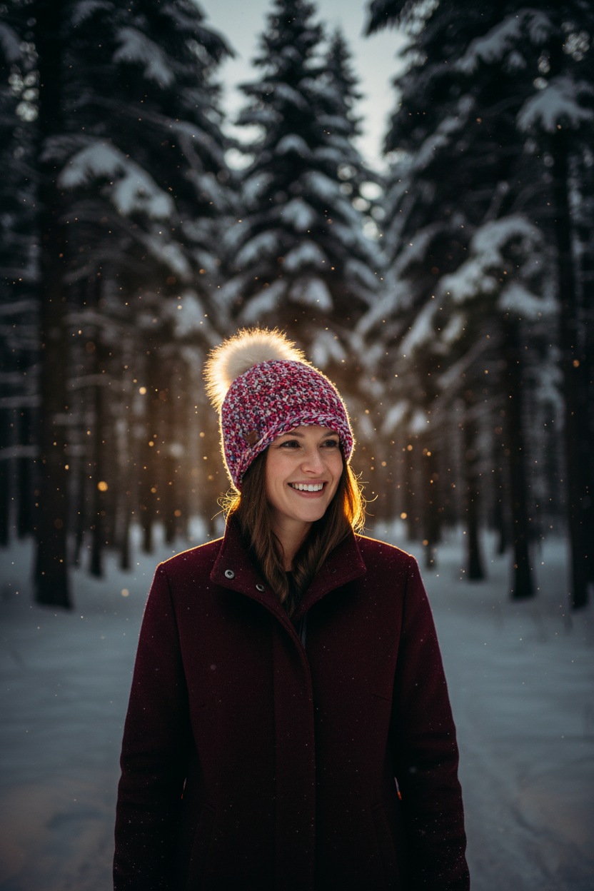 Firecracker Confetti ribbed crochet beanie worn outdoors in winter setting highlighting bold multicolor stitch in cold climate 