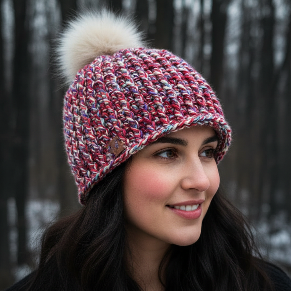 Firecracker Confetti crochet beanie in marled red, cream, and soft pink yarn with white faux fur pom worn on head in winter forest setting