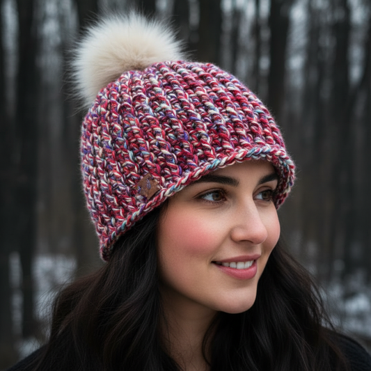 Firecracker Confetti crochet beanie in marled red, cream, and soft pink yarn with white faux fur pom worn on head in winter forest setting