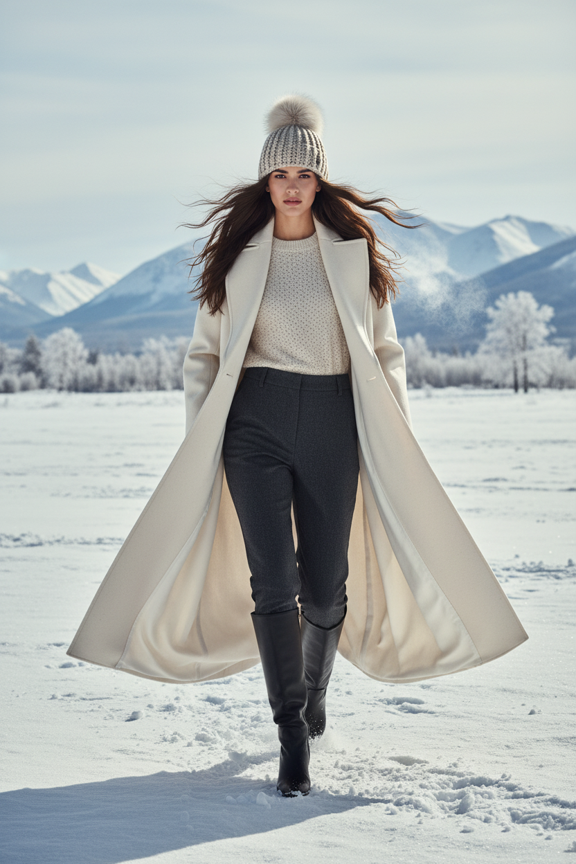 Woman in a long coat walking in a snowy landscape with mountains in the background