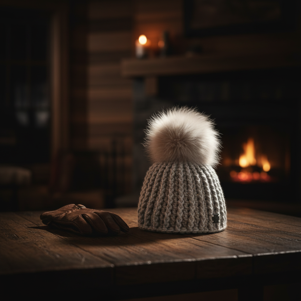 Fireside Oat ribbed crochet beanie styled flat lay with leather gloves emphasizing structured winter construction