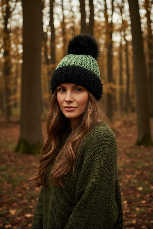 A woman wearing a chunky crochet beanie with a black and sage green color-blocked pattern and a black pom-pom, standing in a wooded forest setting.